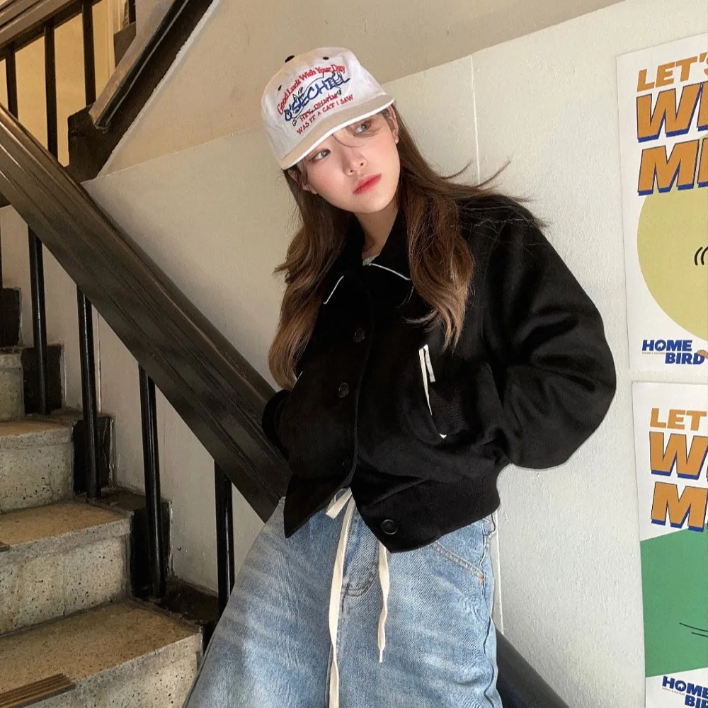 레트로 슬레 모터사이클 디자인 스플라이스드 코트 페이크 스웨이드 벨벳 여성용 아우터웨어 봄 가을 겨울 패션 한국