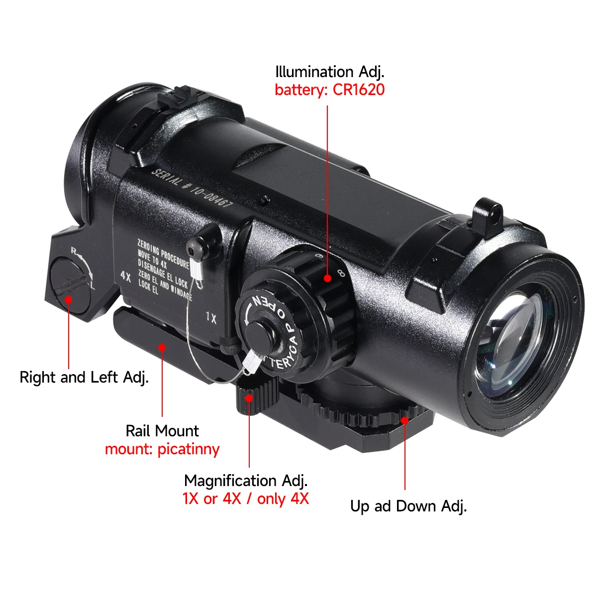 Tactical Rifle Scope 1x-4x Fixed Dual Purpose Scope Red Illuminated Red Dot Sight for Rifle Hunting Shooting Quick Detachable