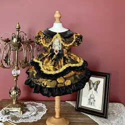 Trendy Vintage Handmade Pet Dog Clothes Luxury Black Gold Embroidery Print Party Dress For Small Medium Dog Puppy Outfits Skirts