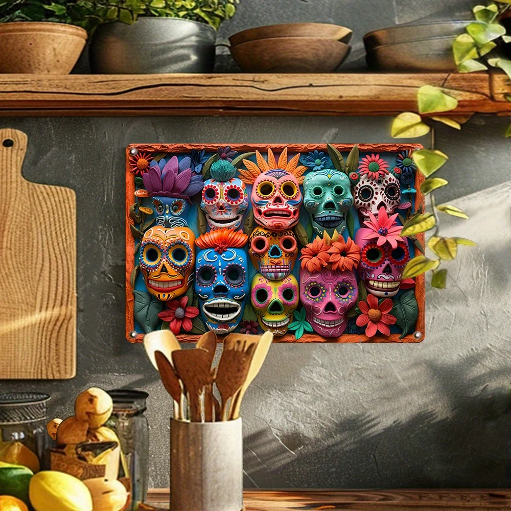 Mexican Day of The Dead Sugar Skull Masks Wall Art Decor - Vintage Sign for Gym, Kitchen, Classroom - Unique Birthday Gift Idea