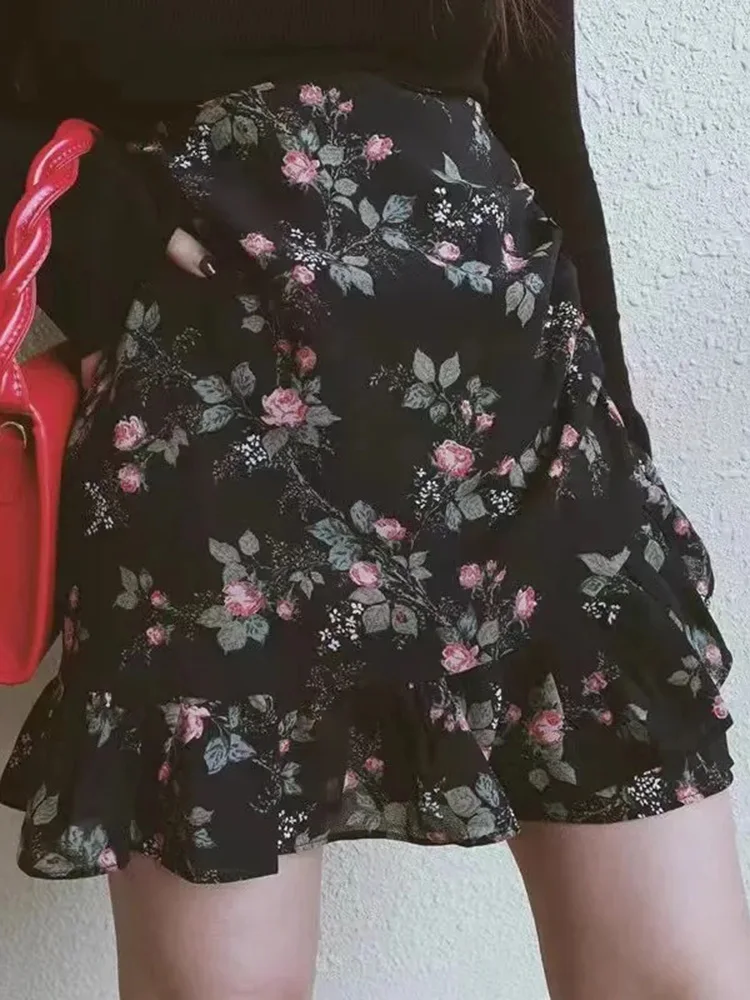 Chiffon Floral Skirt Women Vintage Slim High Waist Sexy Mini Skirts American Streetwear Retro Lady Summer Ruffles Mermaid Skirt