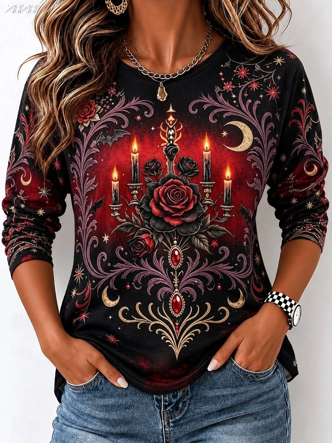 Women Long Sleeve T Shirt Gothic Rose Candle Moon Print Round Neck Casual Tops