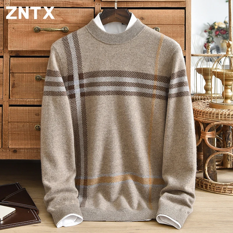 New pure cashmere sweater for middle-aged men, winter thick warm striped loose half high collar casual dad outfit, high-end