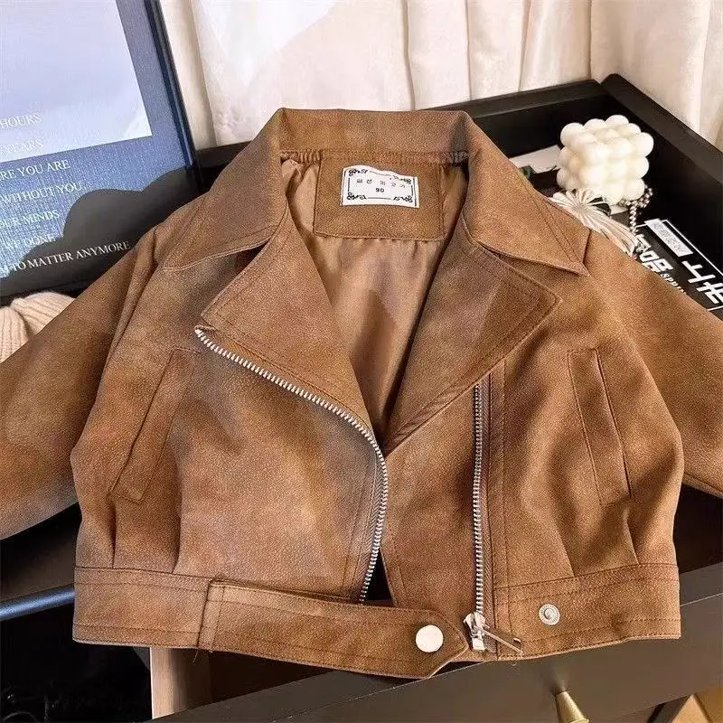 

Kids Spring and Autumn Girls' Leather Jacket New Children's Loose Collar Retro Motorcycle Suit Handsome Coat 2-7 Years
