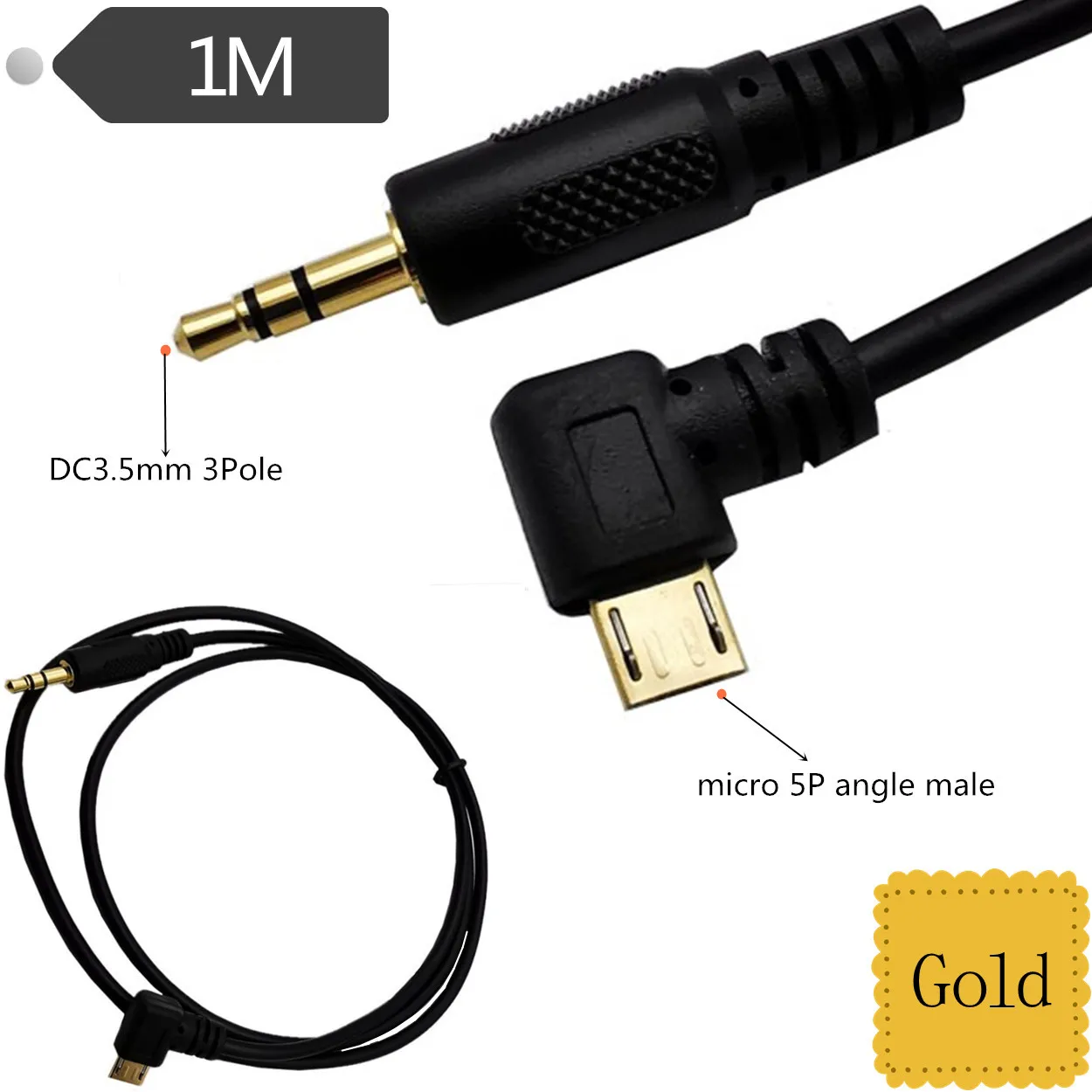 

Gold Plated Mobile Phone Car Audio AUX Cable, USB Micro Android Interface To DC3.5 Level 3 Elbow Connection Cable