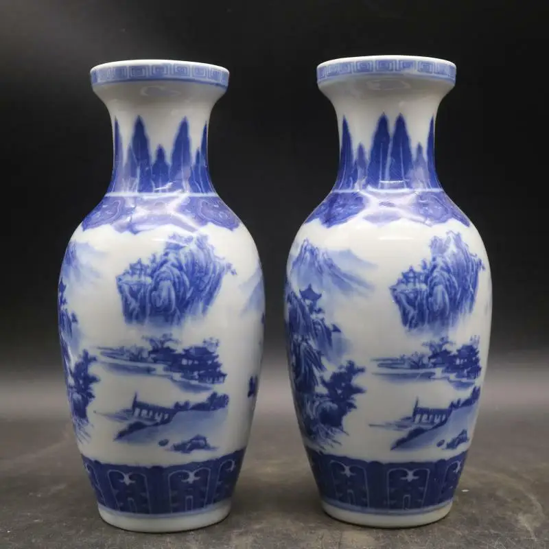 

A pair Chinese Blue and White Porcelain Qing Qianlong Landscape Design Vase 7.9"