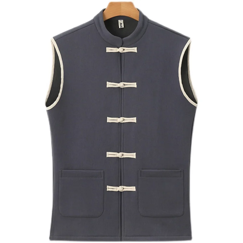 Chinese Traditional Hanfu Fleece Vest Men Linen Cotton Sleeveless Padded Jacket Mens Tang Suit Cardigan Male Warm Waistcoat