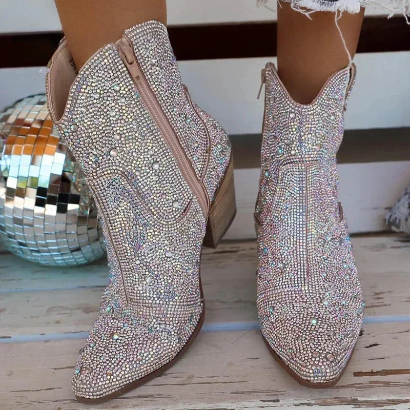 Western Cowboy Boots Fashion Women Ankle Boots Glitter Bling Shiny Trend High Heels High Quality Sexy Shoes Botas De Mujer 2024