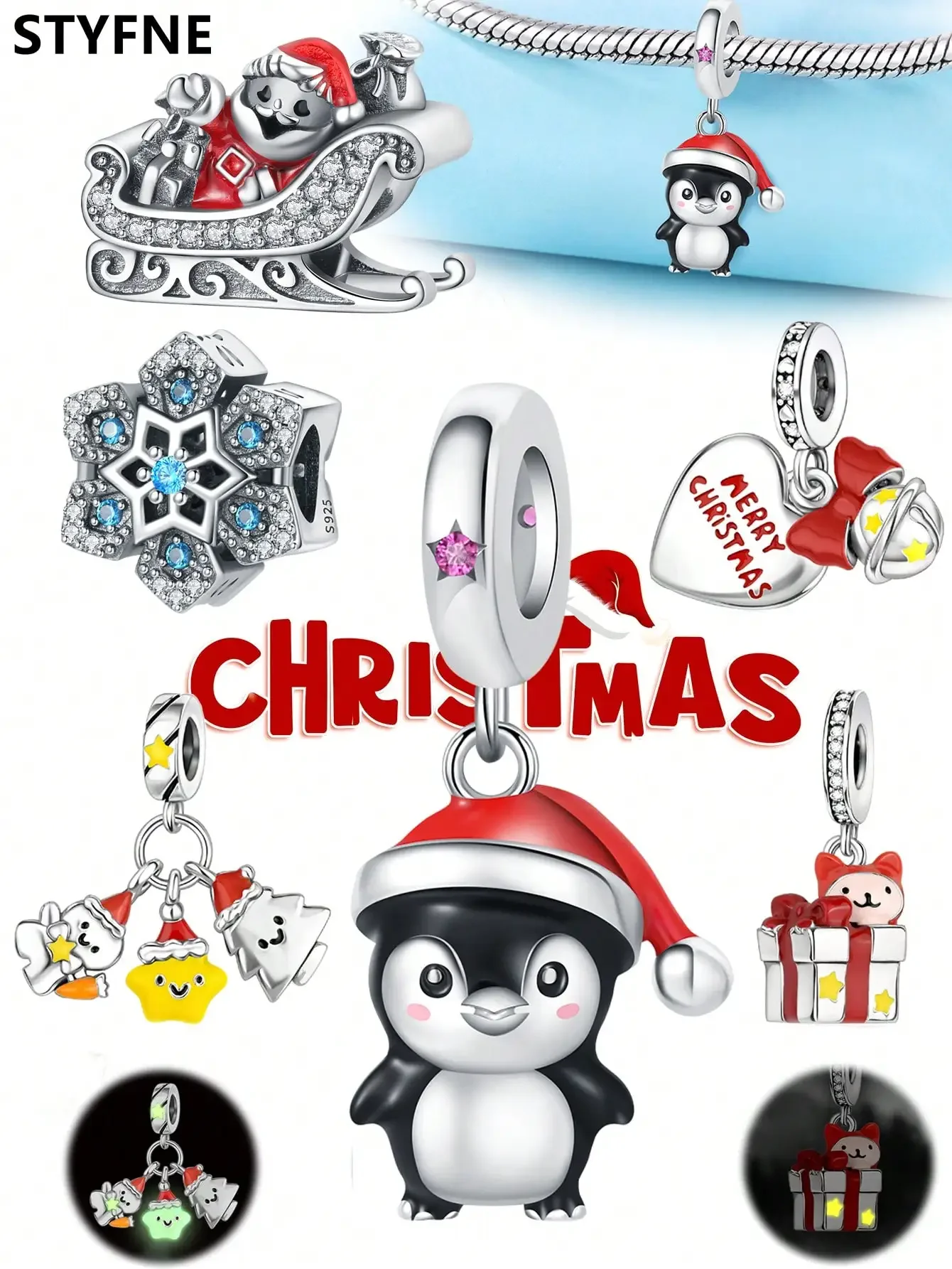 925 Silver Plated Original Charms Christmas Snowflake Penguin Beads Fit Bracelet Women's Jewelry Gift