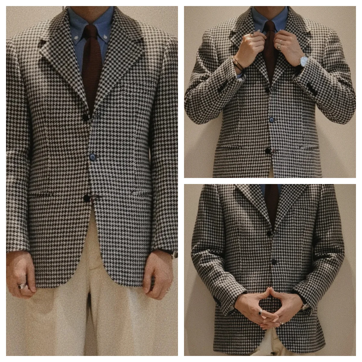 سترة رجالية بنقشة Houndstooth سترة سميكة واحدة الصدر أسود أبيض منقوشة ريترو أنيقة ملابس زفاف رجالية غير رسمية