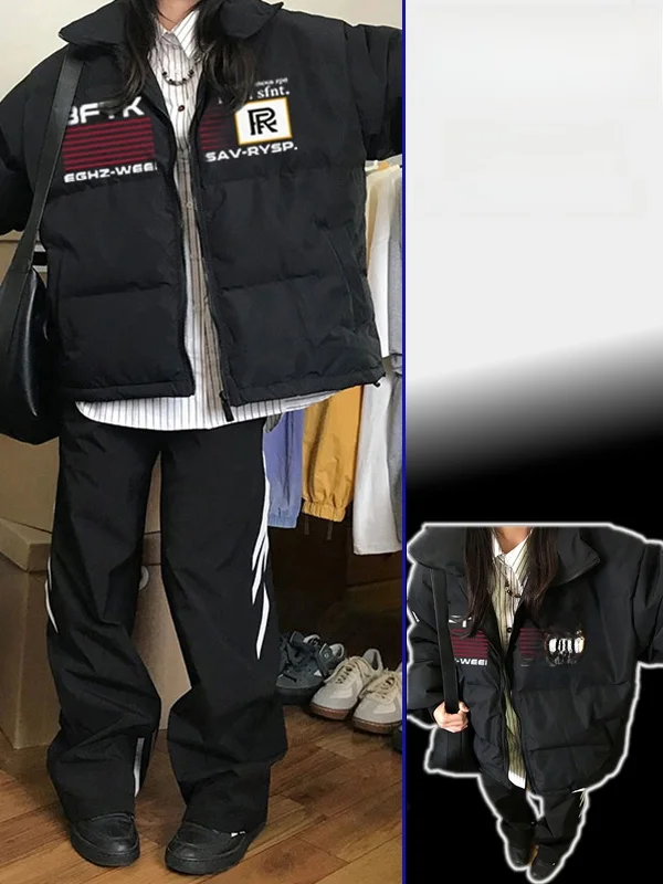 

Retro American Sle Faionable Cotton Jaet Stand Collar Zipper Print Warm Bread Sle Coat Large Size for Younger Looking