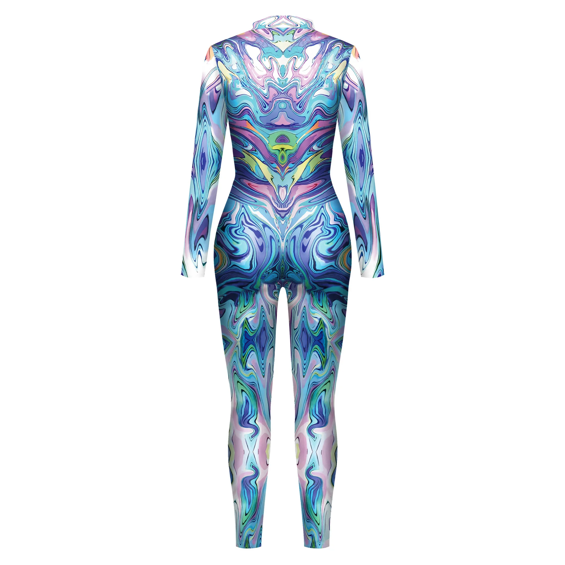 Men's Digital Printed Tight Fitting Jumpsuit, Popular In Spring Autumn, With Open Collar Zipper And Long Sleeved Jumpsuit