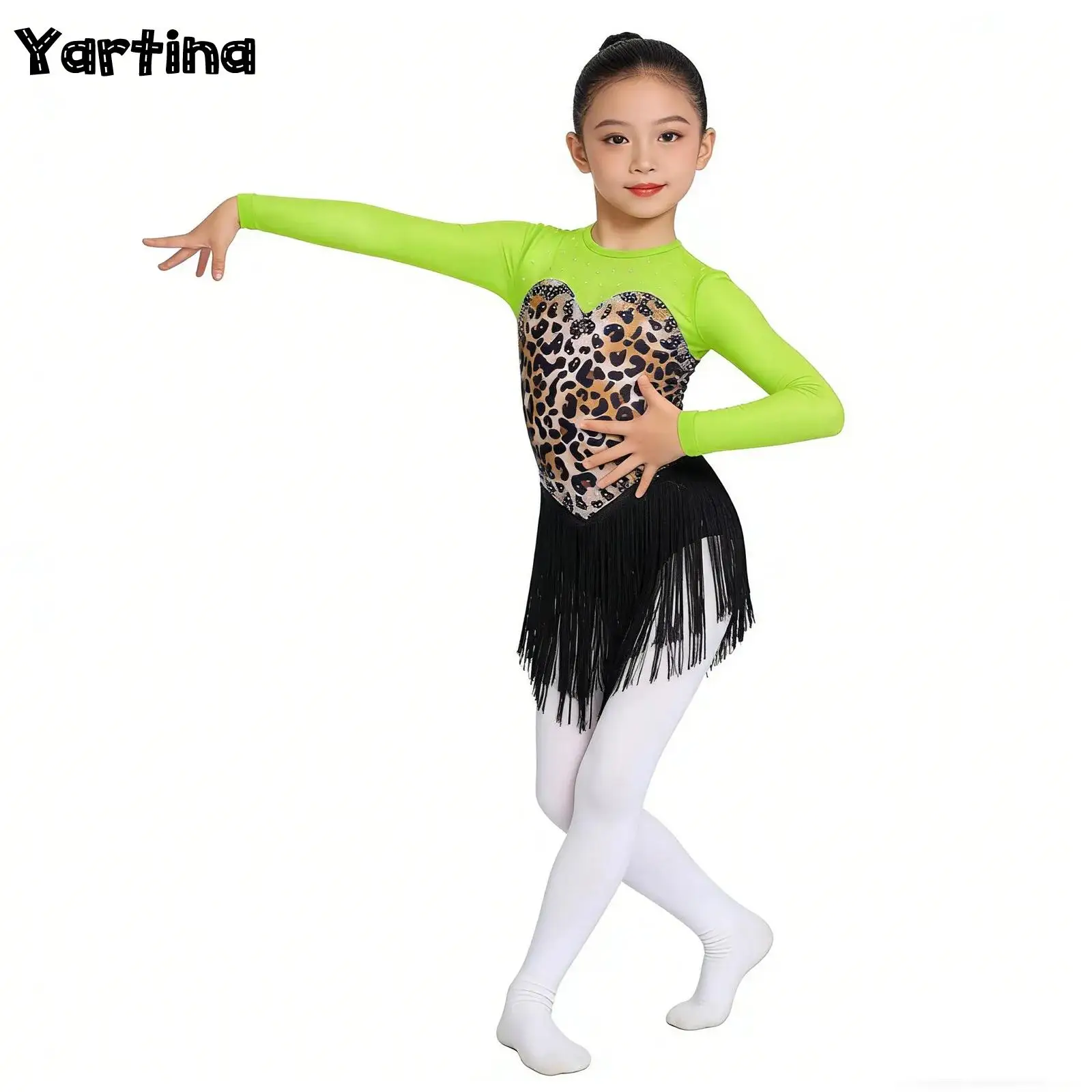 Mädchen Leoparden-Print Fransen Lateinamerikanisches Tanzkleid Aufführungskostüm Langarm Glänzendes Strass-Quastenkleid Tanzbekleidung