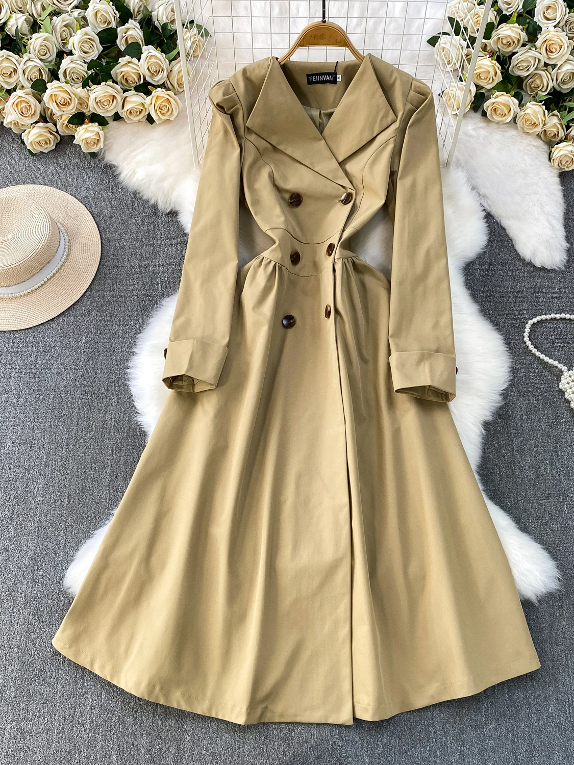 

Briti Sle Khaki Suit Collar Long Dr Women's Autumn Winter Double Button Slimming Coat Waist High A-Line Dr