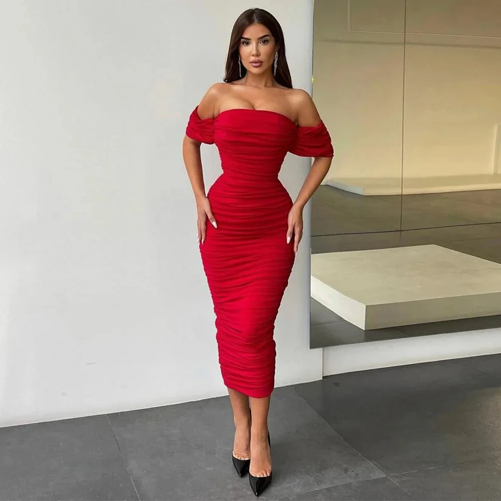 

Burgundy Simple Cocktail Dresses Satin Sheath/Column Valentine's Day Dress Off-the-shoulder Pleat Sexy Clubbing Gown Midi