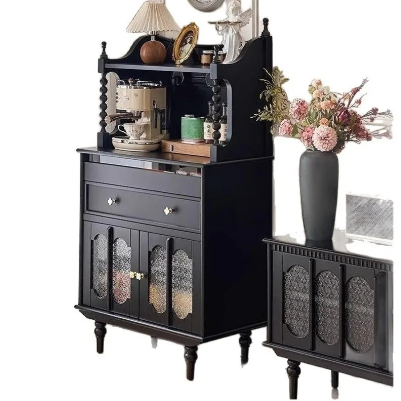 

black living room, integrated tea storage against the wall, medieval American small apartment bar counter