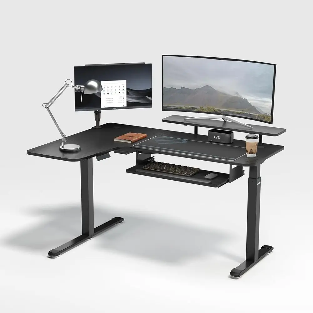 55 Inch L Shaped Electric Standing Desk, Height Adjustable Computer Gaming Desk with Keyboard Tray, Mouse Pad, Home Oice Work,Ca