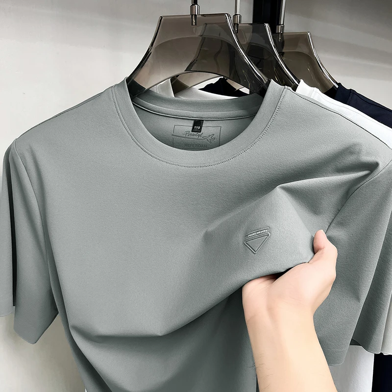 Luxury brand triangle embossed T-shirt short sleeve men new high-end ice silk summer breathable round neck casual fashion top