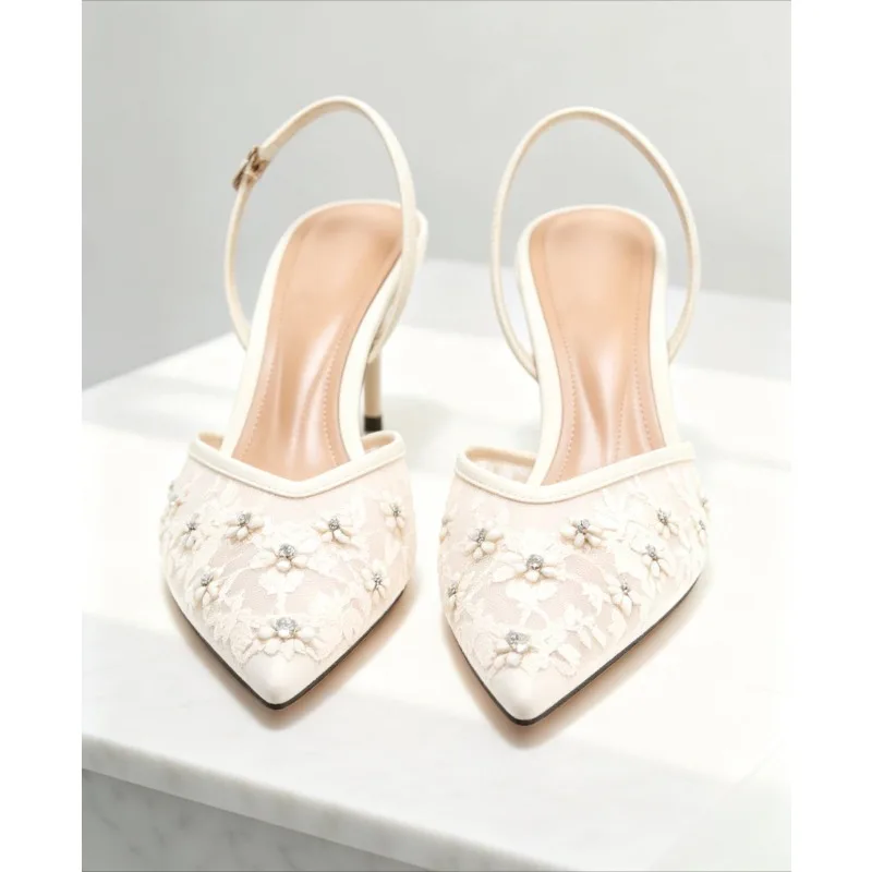 2026 Spring/Summer New Beaded Embroidered Mesh Pointed Heels with Exposed Heels, Sexy Thin Heels, Headless Sandals for Women view 2