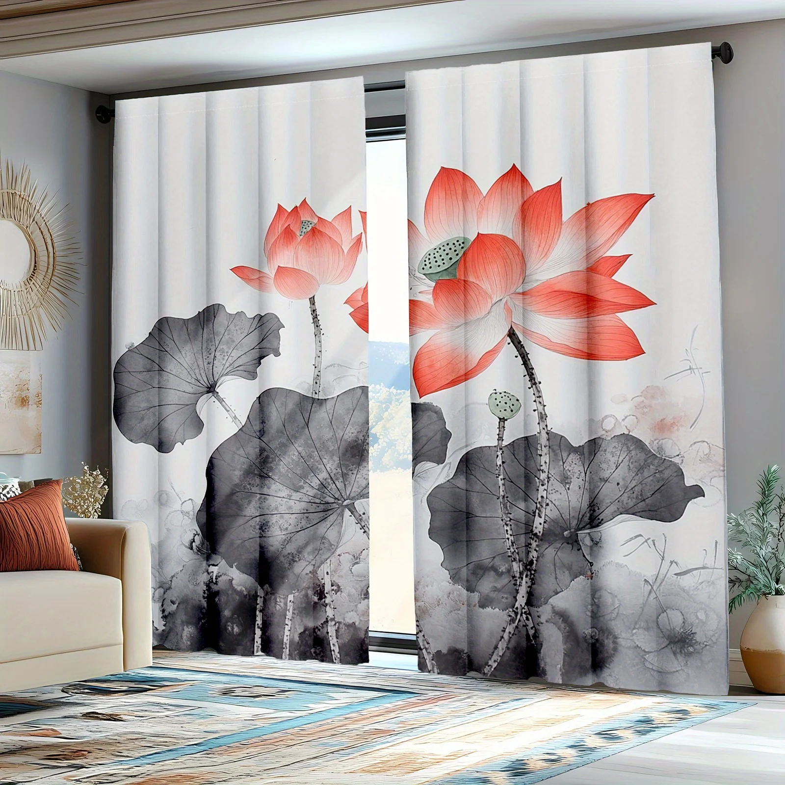 2pcs Decorative CurtainsChinese Door Curtain, Handcrafted Lotus Design for Room Decoration