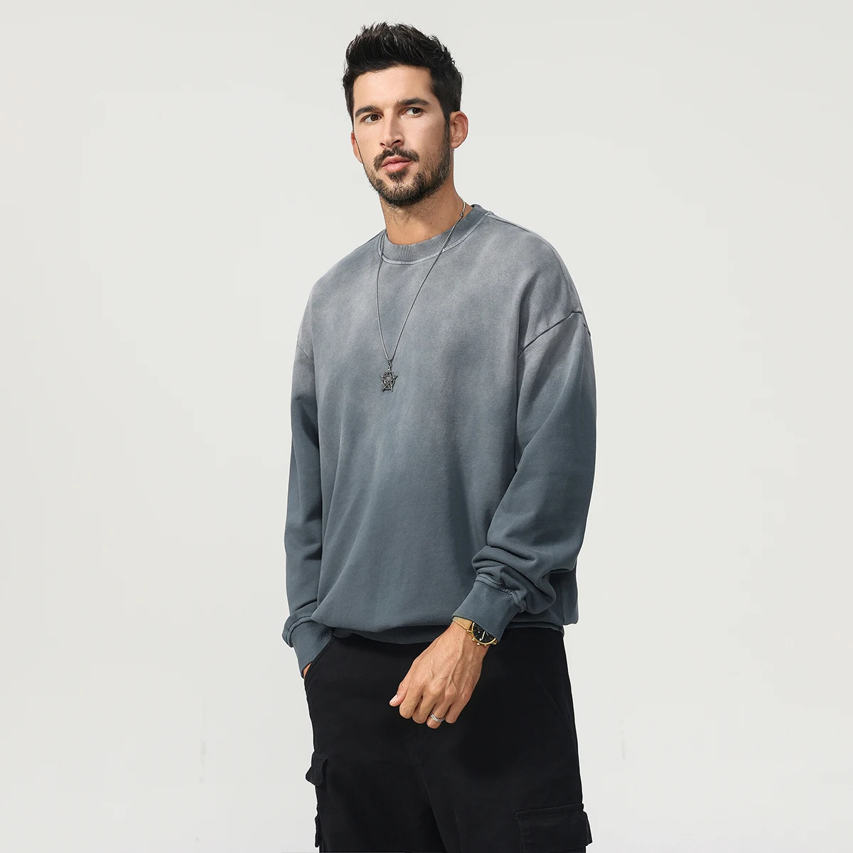 미국 스타일 옴브레 그라데이션 염색 스웨트셔츠 티셔츠 - 남성용 루즈핏 순면 100% 워싱 캐주얼 탑 풀오버 가을용