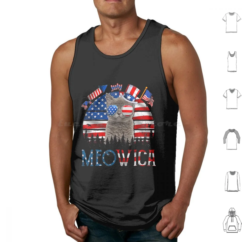 Meowica Cat Fourth 4th Of July Patriotic Usa American Flag Tank Tops Print Cotton What Is Black ? ? ? ? Whats The