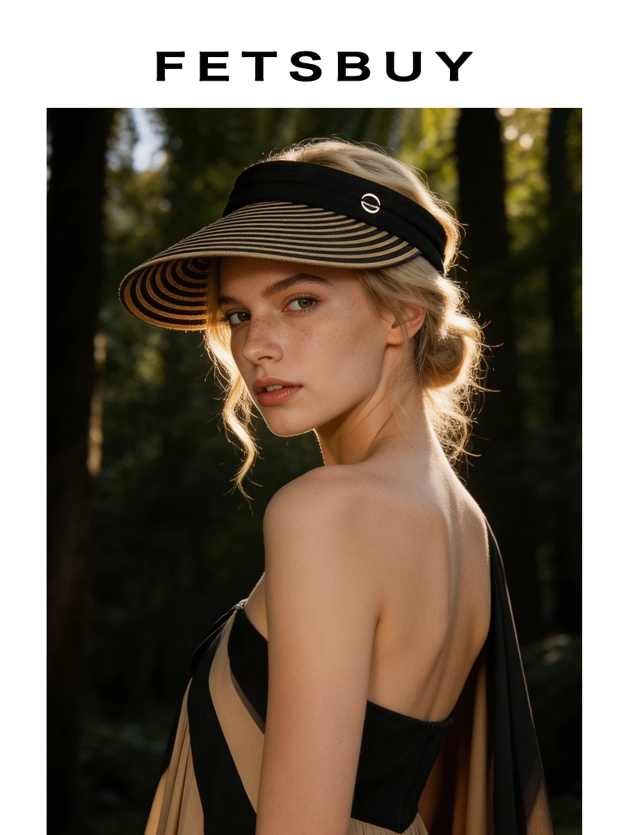 summer-stripe-design-breathable-no-top-face-highlighting-hat-adjustable-large-brim-foldable-sunscreen-cap-for-couples