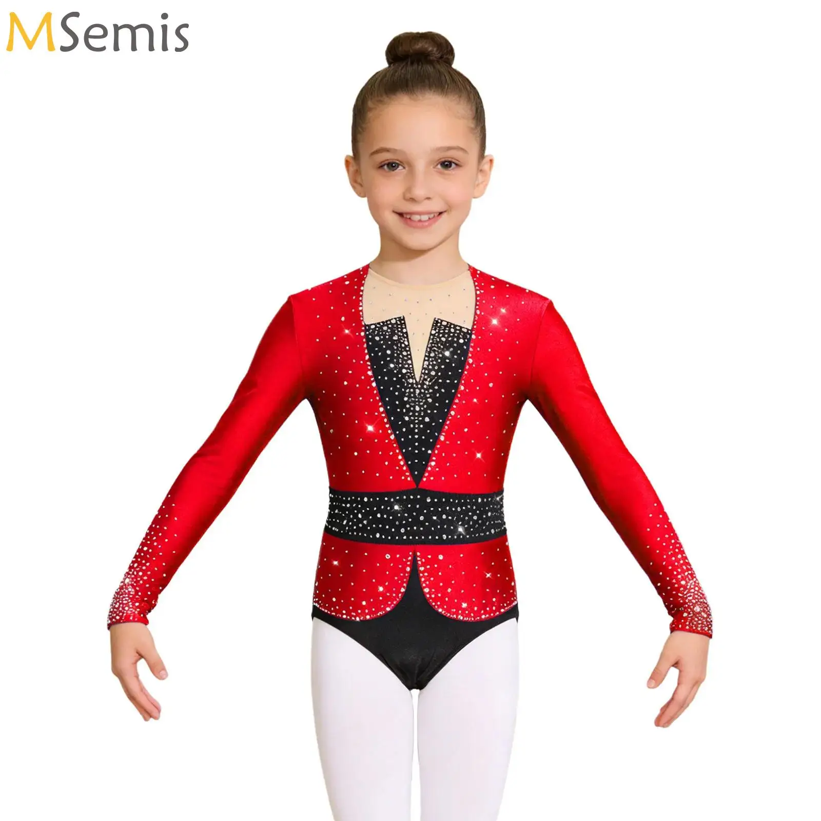 

Kids Girls Ballet Dance Bodysuit Gymnastics Leotard Shiny Rhinestones Ballerina Dance Performance Long Sleeve Athletics Costume