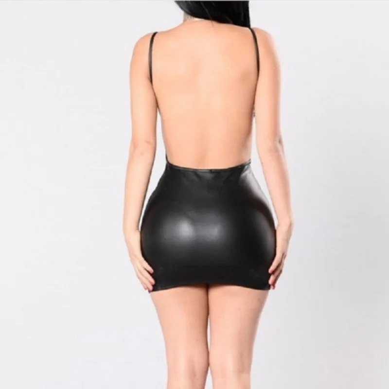 Vestido corto de cuero PU sexy sin espalda para fiesta, negro liso, bodycon push up, outfit de noche para mujer 5