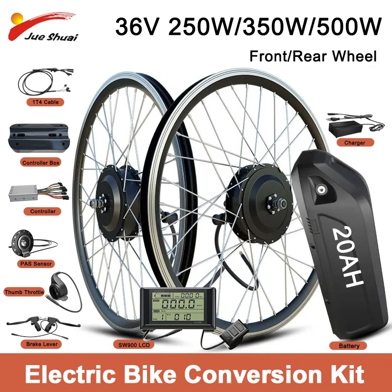 

36V 250W-500W E-Bike Conversion Kit Front or Rear Brushless Gear Motor Wheel Fits 20-700C Wheel Size with 20ah Battery