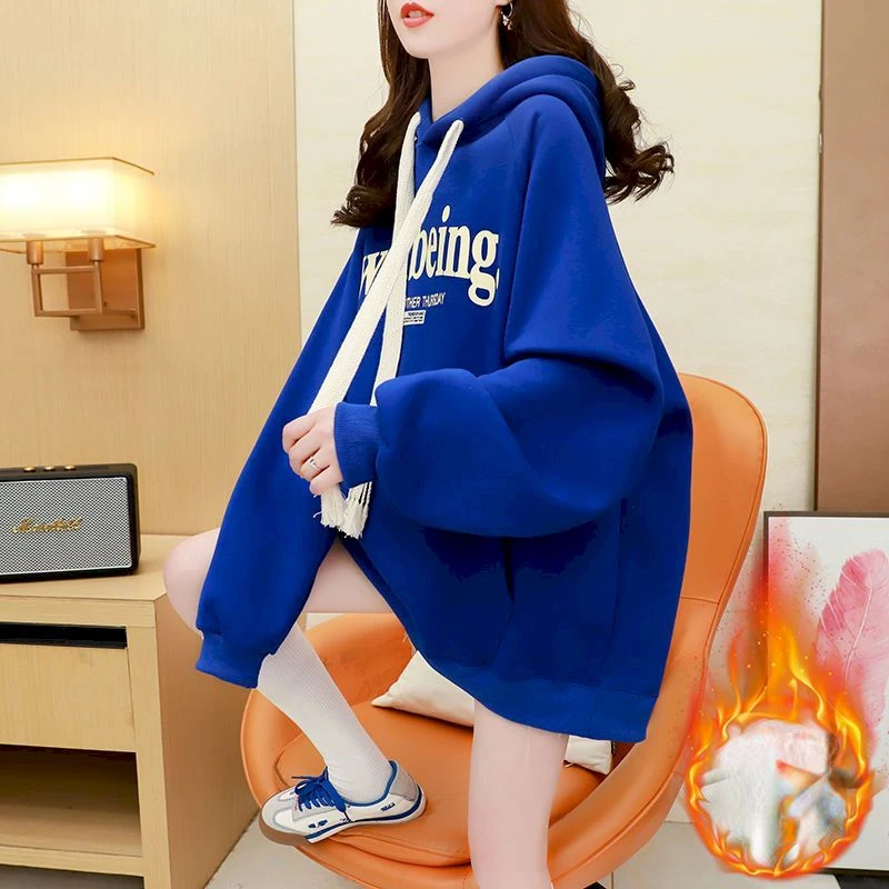 Plush Thicken Hoodies Women Autumn Winter Trendy Hooded Coats Casual Loose Chic Hoodie Fashion Letter Print Oversized Jackets