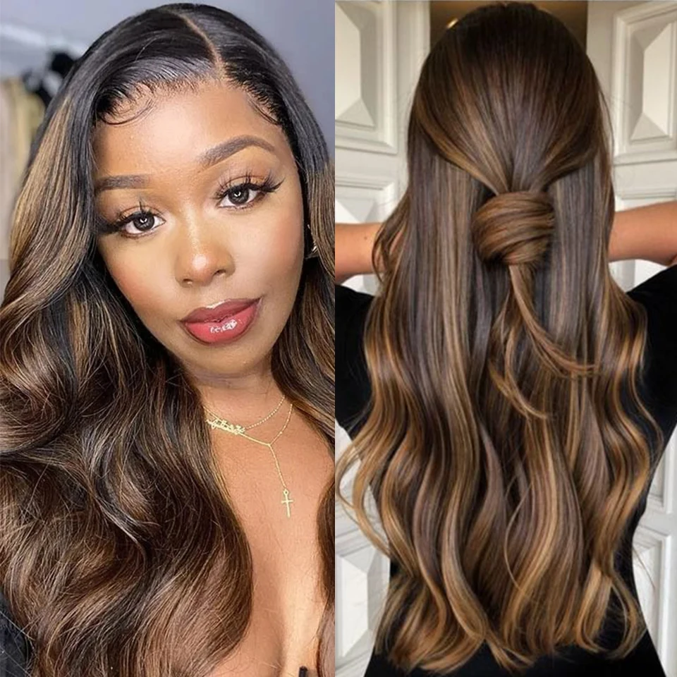 Megeen Body Wave 100% Human Hair Highlight P427 Colored 13X4 Lace Front Wig Human Hair Pre Plucked Honey Blonde Lace Front Wig