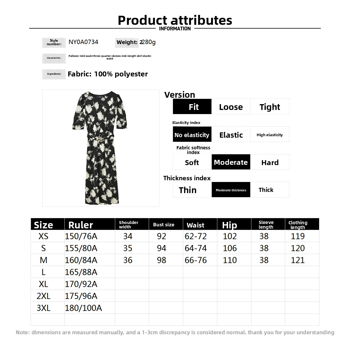 Chic Floral Print Midi Dr Women's 3/4 Sve mid Waist Polyester Summer 2025 Faion Ele Simple Sle round Ne Dr