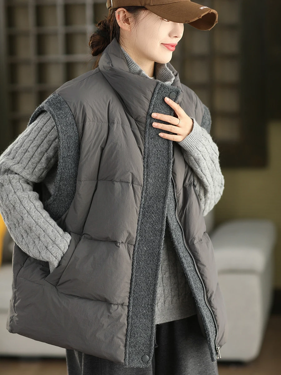 

Warm Plaid Du down Vest Women's Faionable Thiened Splicing Design Winter Outerwear Zipper Closure Long Sve Coat