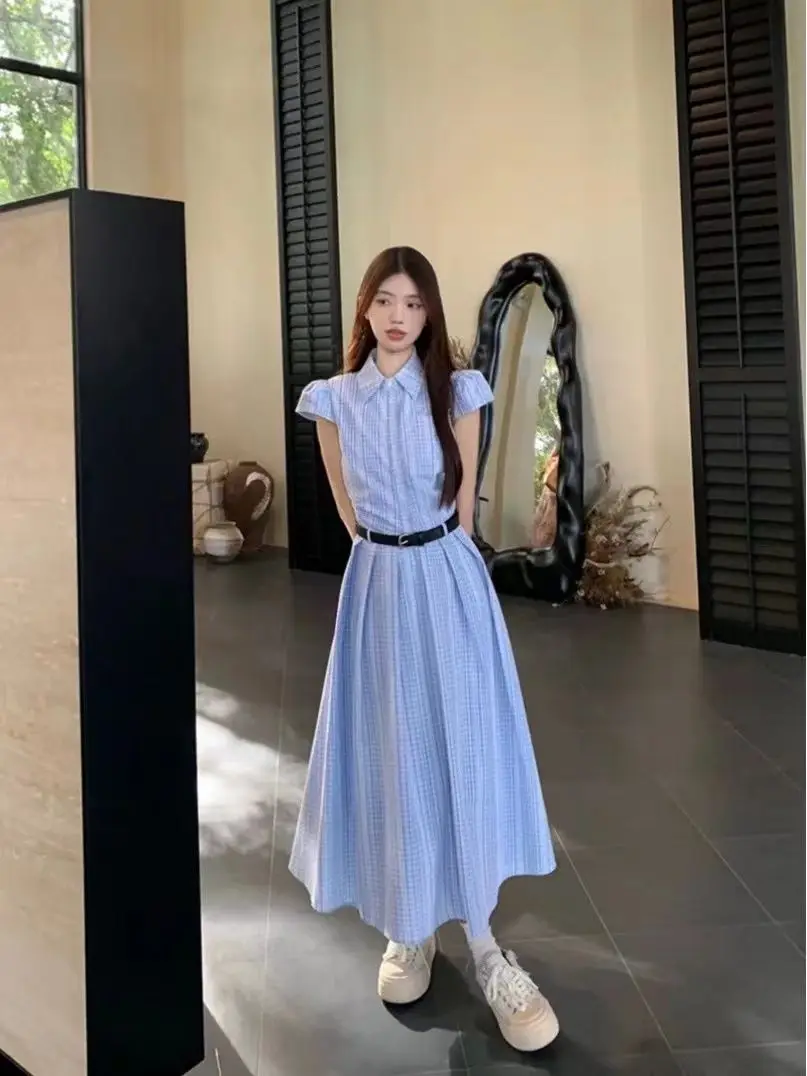 Abito da donna a righe blu manica corta con lacci volant streetwear Boho vacanza ufficio abiti da donna abiti estivi Vestido Wh39