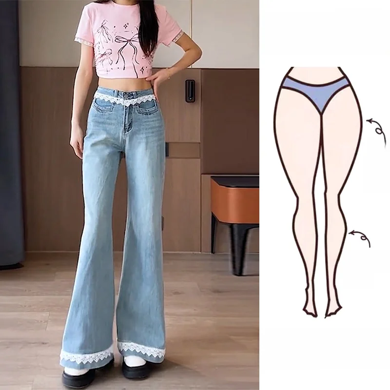 

Джинсы с высокой талией и широкими штанинами, с кружевной отделкой, свободного кроя, джинсовые брюки-клеш, женская мода, весна-лето-осень, длинные брюки с высокой талией