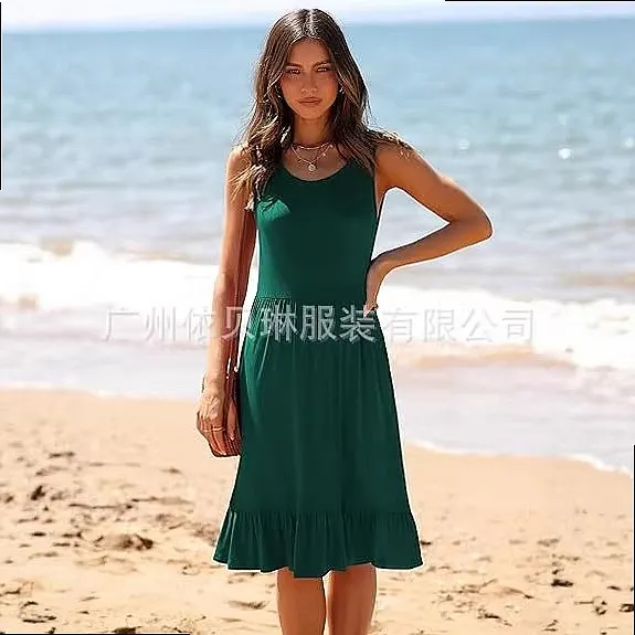 Women's Summer Tank Dress Casual Ruffle Hem Knee Length Dresses Jumpsuit Playsuit view 3