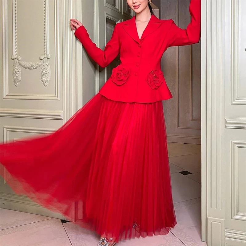 تخصيص أنيقة الخامس الرقبة قطعتين فساتين السهرة الرسمية دعوى زر الطية ثلاثية الأبعاد زهرة زين فساتين لحضور الحفلات الموسيقية 2025