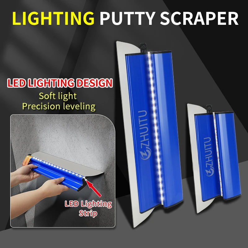 2025 Professional Stainless Steel Scraper Putty Knife with LED Light Wall Plastering Leveling Trowel for Home Renovation Tool