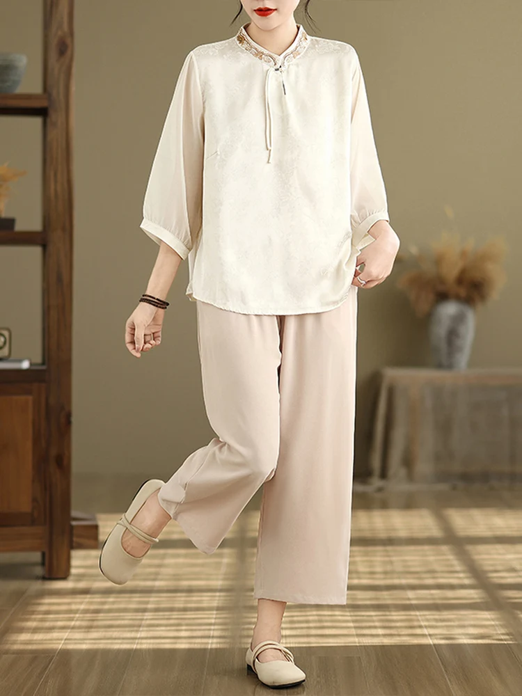 

Elegant Chinese Style Satin Floral Embroidery Seven Sleeve Mom Shirt Wide Leg Pants Two Piece Set Women's Fashion Casual Wear