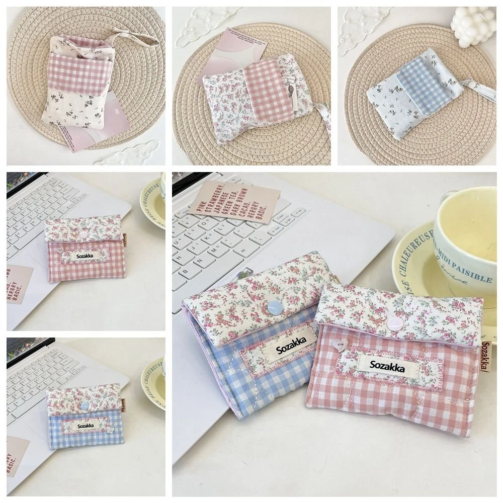 

Portable Cute Mini Cosmetic Bag Sweet Makeup Bag Grid Pattern Purse Cotton Cloth Small Item Bag Floral Coin Purse Student