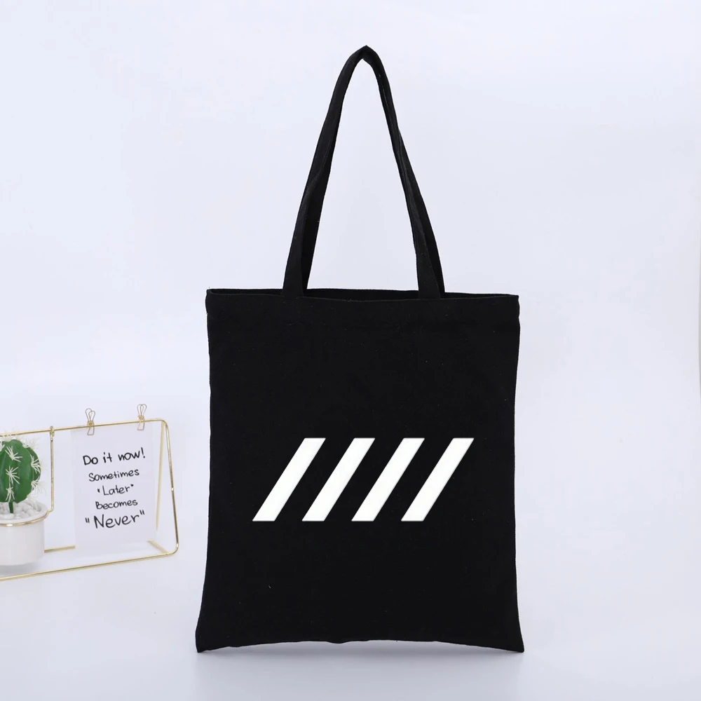 Black Canvas Tote Bag with Diagonal Stripes Design, Casual Style for Daily Shopping and Urban Outings