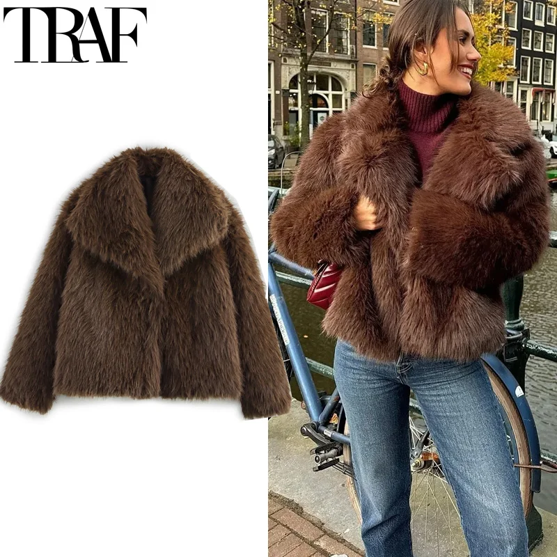 TRAF Women Winter Coats Cropped Brown Fur Faux Coats For Woman Warm Furry Red Faux Fur Coat Autumn Plush Short Fluffy Coat