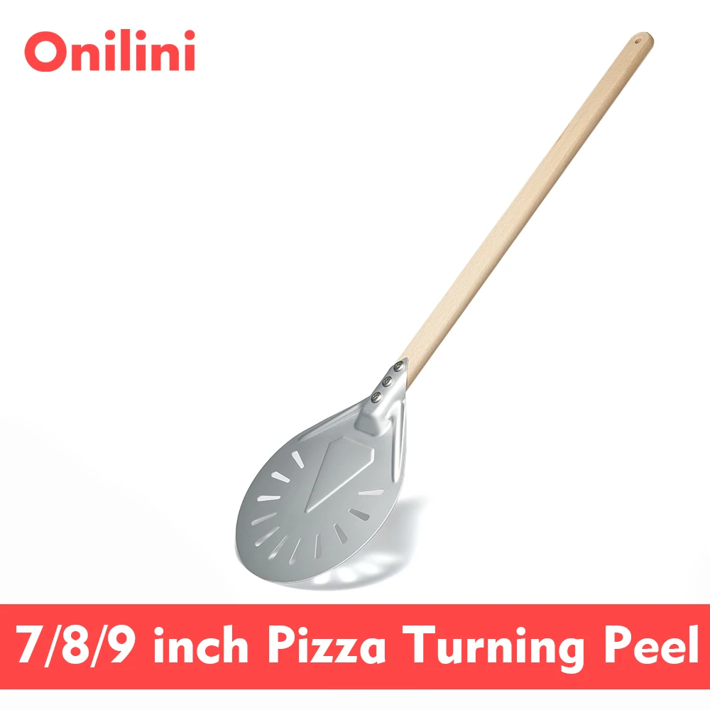 Лопатка для пиццы Onilini 7/8/9 дюймов с перфорацией, анодированная, с деревянной ручкой, короткая, для печи, аксессуар для пиццерии Лопатка для пиццы Onilini 7/8/9 дюймов с перфорацией, анодированная, с деревянной ручкой, короткая, для печи, аксессуар для пиццерии