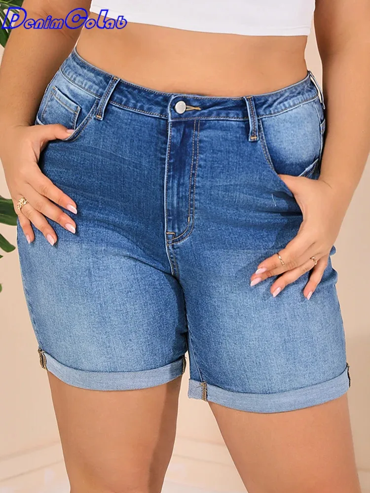 

Denimcolab 2024 Plus Size Women's Denim Shorts Fashion Roll Up Solid Straight Short Pants Ladies Streetwear Skinny Denim Shorts