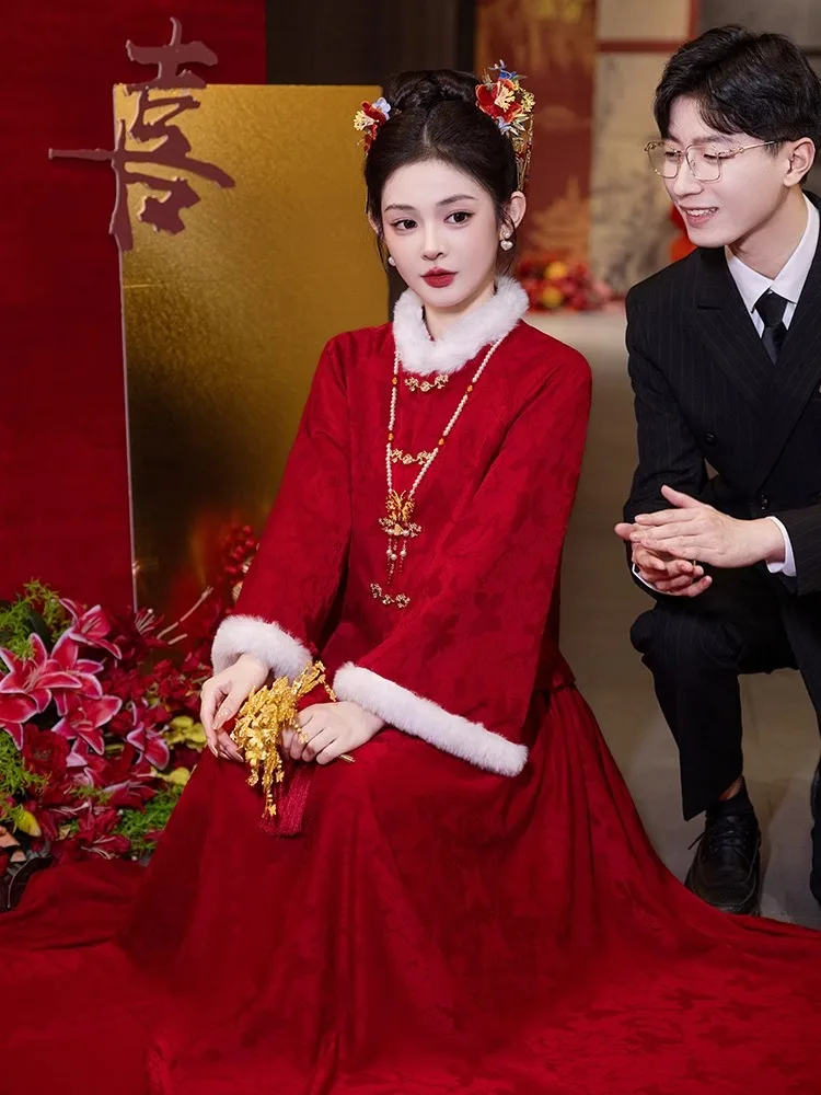 

Wedding Two-Piece Set Long Sve Thi Red Ele Dr for Bride KTV Wedding Date Cany Annual Meeting Perform...