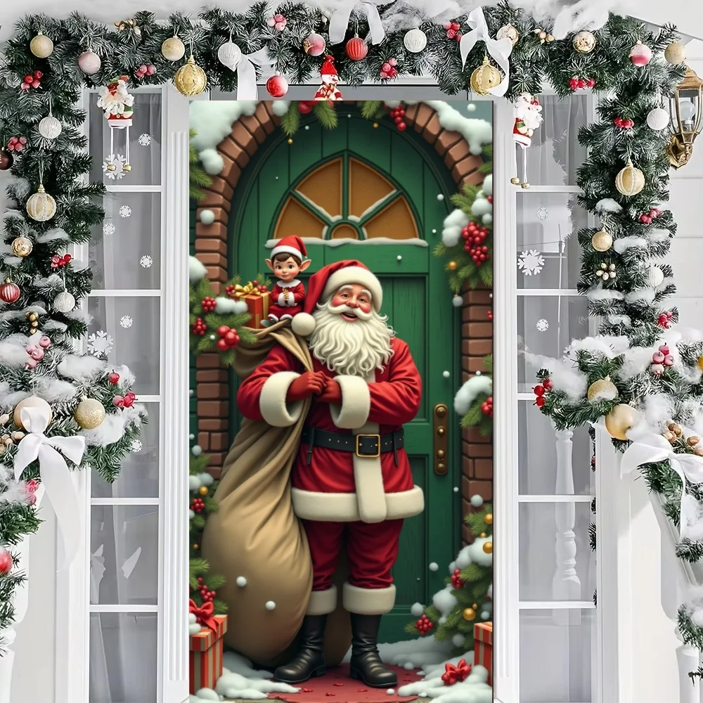 Christmas Door Cover Decorations Santa Claus and Puppy Background Banner for Indoor Outdoor Home Porch Holiday Decor Supplies