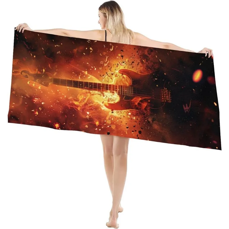 

1 polyester beach towel with rock music bass guitar design, size 27.5x55 inches, square woven quick drying towel, suitable for s