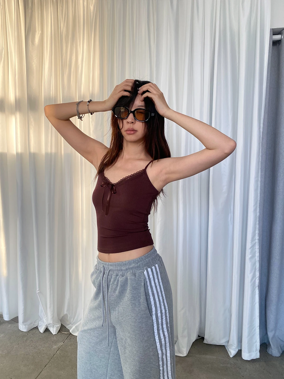 

Ambosc Summer Casual Pure Desire Knot ter Ne Vest Lace Splicing V-ne Color Women's Inner Wear Top