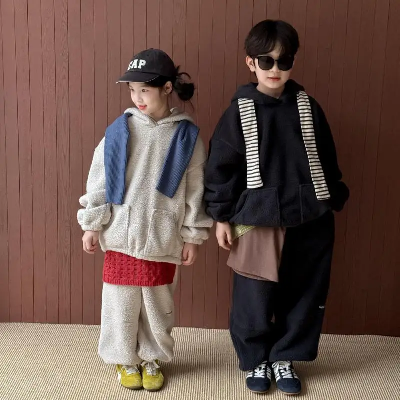 

2025 Winter New Children Long Sleeve Loose Casual Set Boys Girls Fleece Hooded Sweatsuit Outfits Kids Thick Warm 2pcs Suit